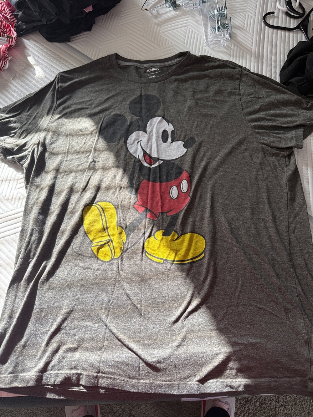 Old Navy Dark Gray Mickey Mouse Graphic Tee with Red and Yellow Accents